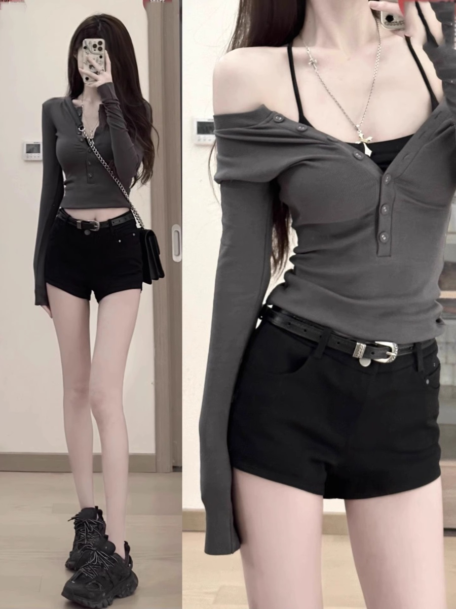 Pure Desire Gray Long Sleeve T-Shirt Women's Early Spring 2024 New Design Slim Fit Bottoming Shirt Versatile Top