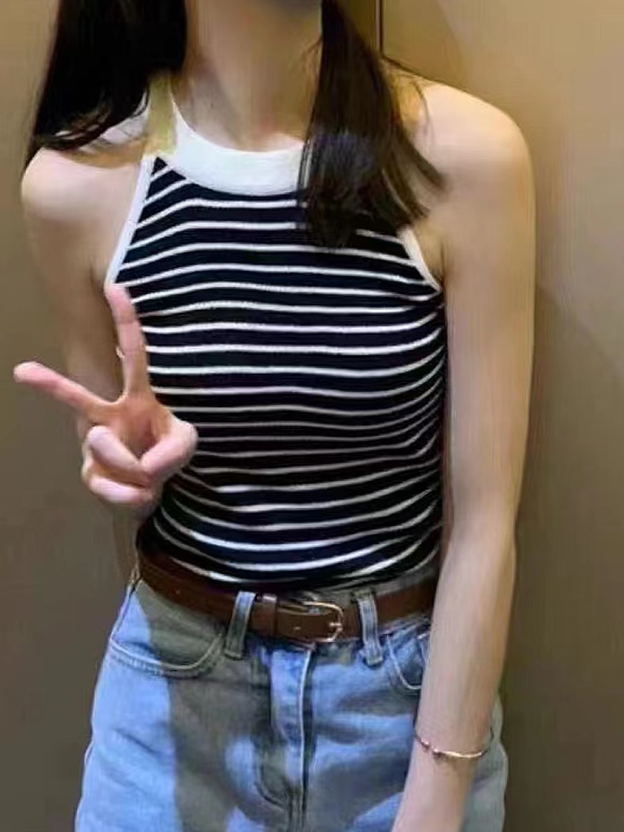 外貿跨境是皮辣妹條紋針織吊帶背心女春季無袖掛脖性感內搭