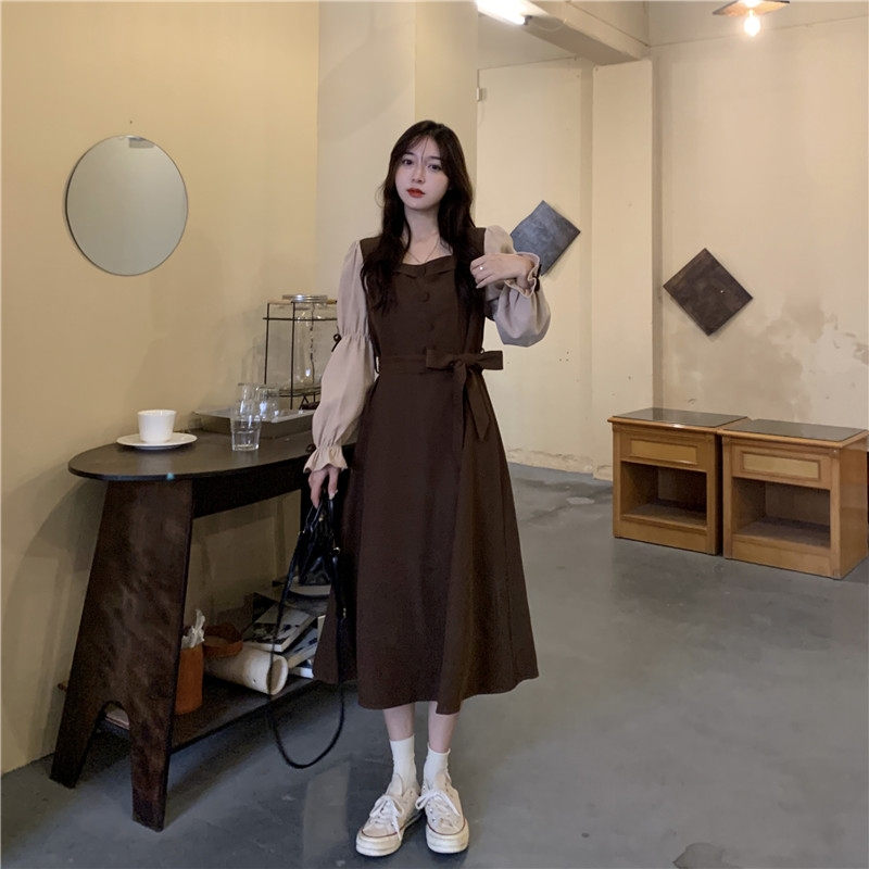 燈芯絨布料法式復古氣質chic蝴蝶拼接方領連衣裙女