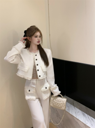 Actual shot of Xiaoxiang suit, fashionable lady-style jacket + loose floor-length wide-leg pants two-piece set