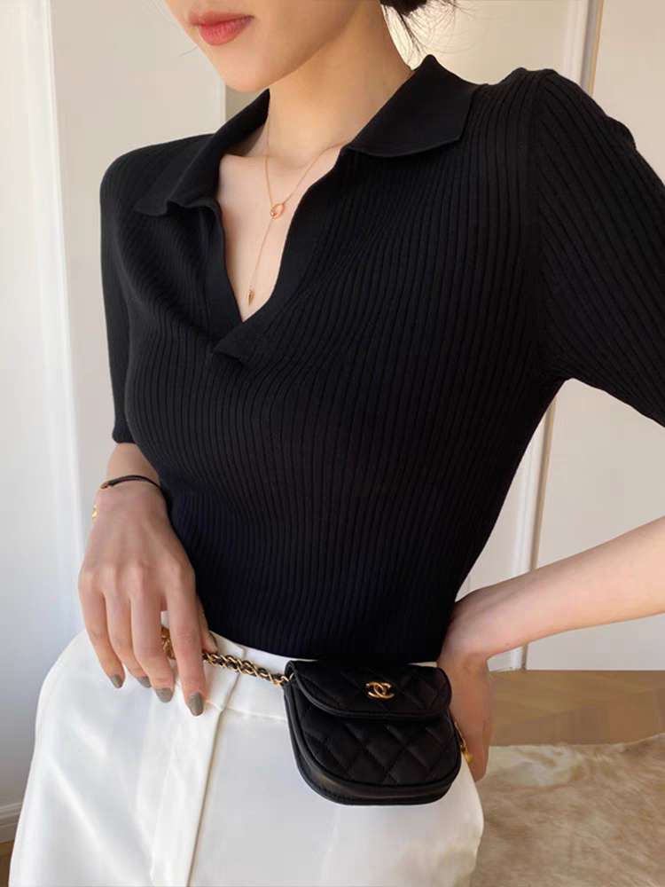 Retro lapel polo collar short-sleeved t-shirt for women summer ice silk knitted slim versatile sweater sweet and chic top