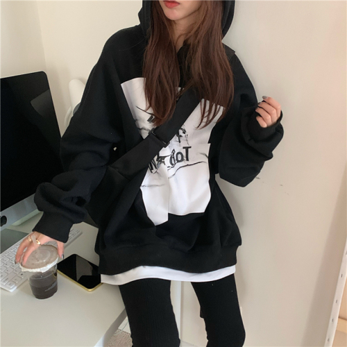 Hooded sweatshirt women's velvet jacket Korean style loose bf lazy style fake two-piece long-sleeved top women's ins trend