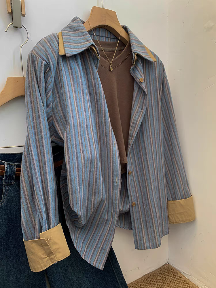 Blue striped long-sleeved shirt for women spring and autumn design niche autumn top French high-end shirt jacket