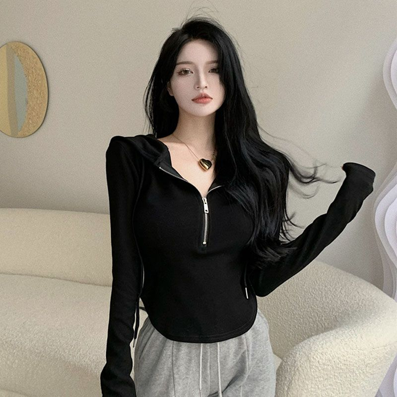Hooded white long-sleeved T-shirt for women 2024 spring and summer new design niche short top with bottoming shirt