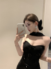 Real shot of three-dimensional flower top for women with removable mesh sleeves tube top