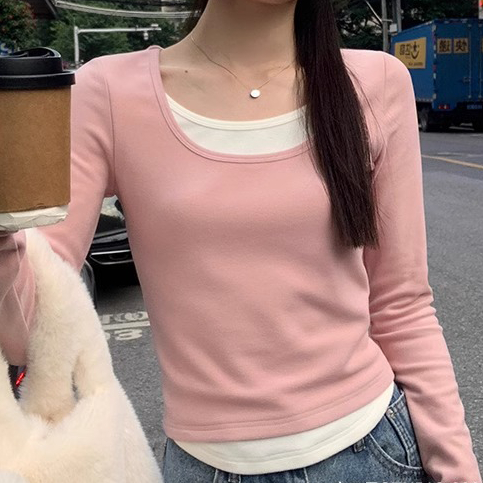 Threaded velvet fake two-piece T-shirt winter new short long-sleeved bottoming top