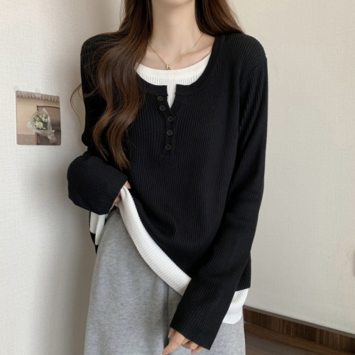 Large size bottoming fake two-piece sweater for women in early spring new style for fat girls, loose and slim with long-sleeved T-shirt top