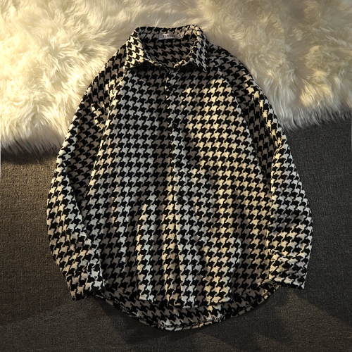 Official photo 100% polyester fiber houndstooth versatile jacket loose puff sleeve shirt long sleeves