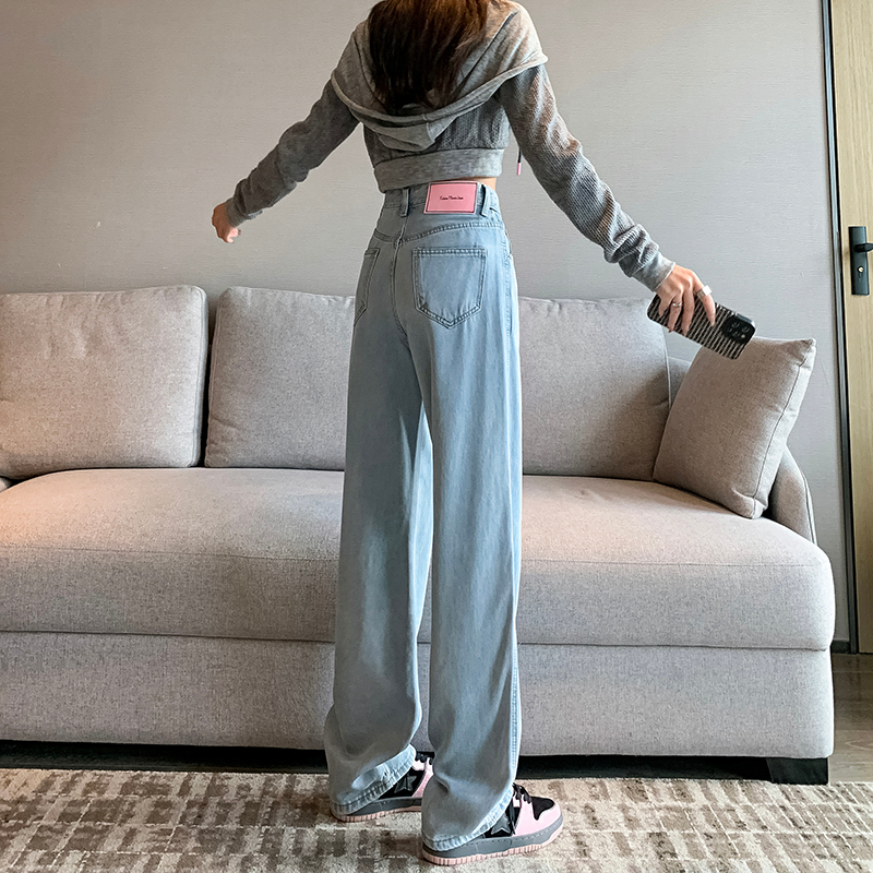 Real shot of Tencel 100% Lyocell denim wide leg pink label moonlight blue women's thin summer ice silk straight tube