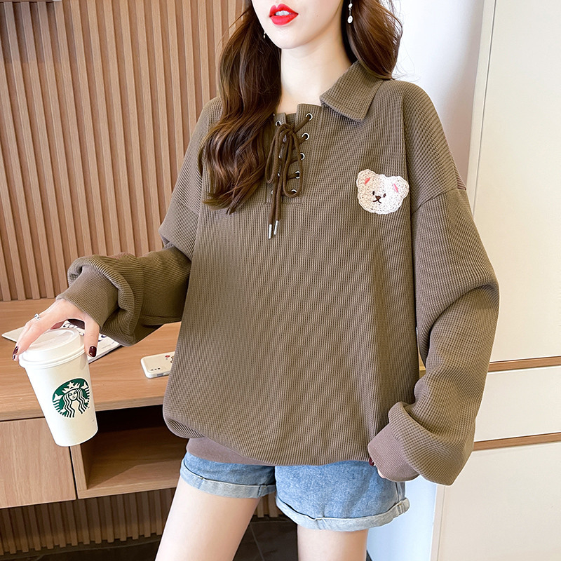 Actual shot-2024 spring Korean style loose back bag collar embroidered bear plus size women's thin sweatshirt for women