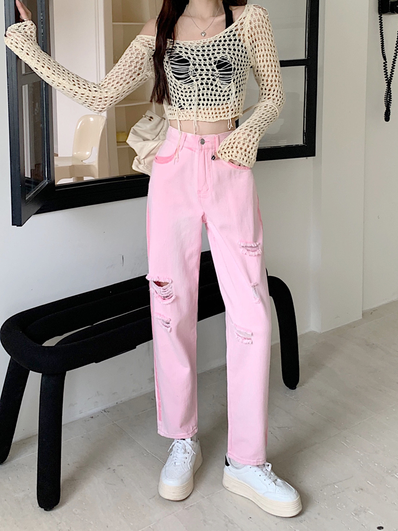 Actual shot of 2024 early spring Korean version of the new design heavy-duty washed washed holes solid color high-waist slim jeans