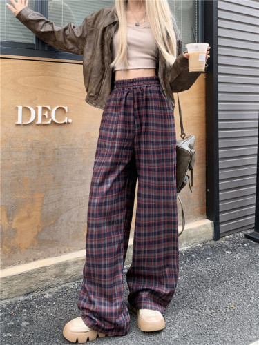 Real shots~Spring style~American retro high-waisted, simple, fashionable and versatile slimming plaid floor-length pants