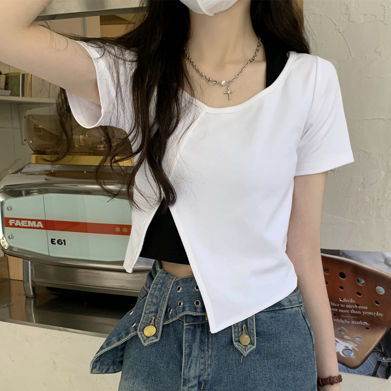 夏季新款設計感小眾短款正肩假兩件掛脖t恤女短袖不規則開叉上衣