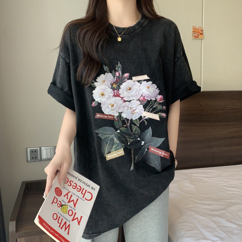 實拍 100%棉220g純棉水洗做舊 寬鬆短袖T恤女寬鬆