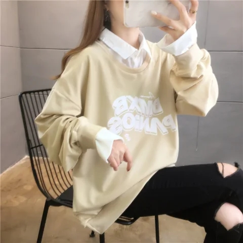 實拍6535魚鱗 假兩件春季薄款衛衣女學生班服閨蜜裝