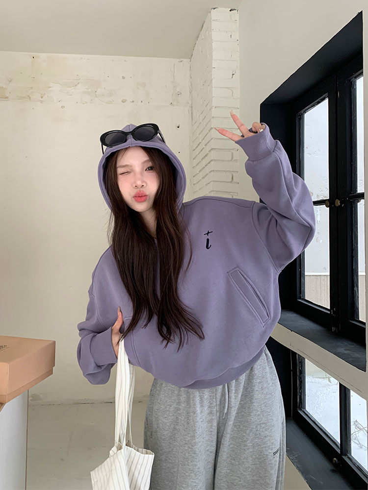Actual shot of early spring Korean chic simple embroidered purple thickened warm hooded short sweatshirt