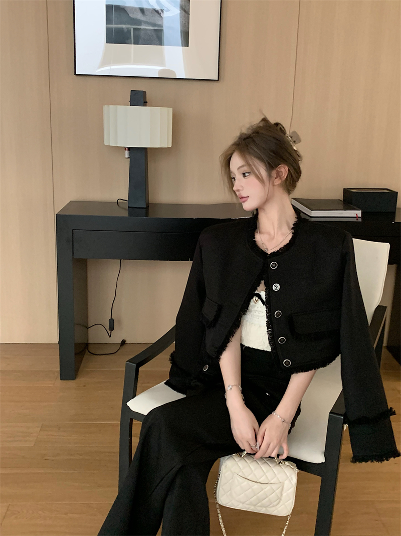 Actual shot of Xiaoxiang suit, fashionable lady-style jacket + loose floor-length wide-leg pants two-piece set