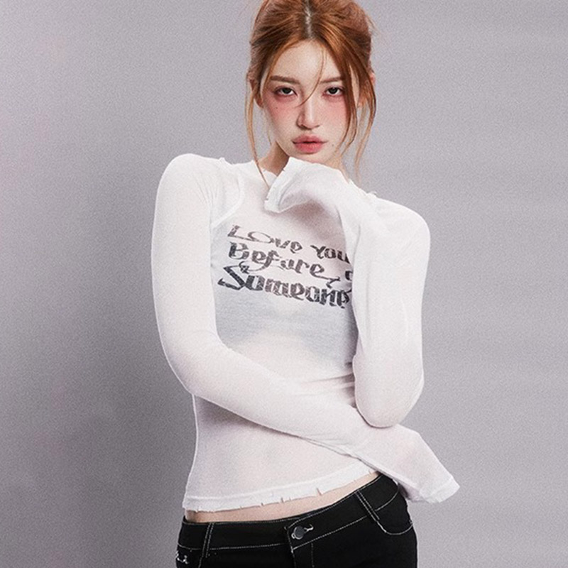 Spring, Autumn and Summer Bottoming Shirt New Pure Desire Hot Girl Slim Long Sleeve T-Shirt Slightly Transparent Printed Sun Protection Top