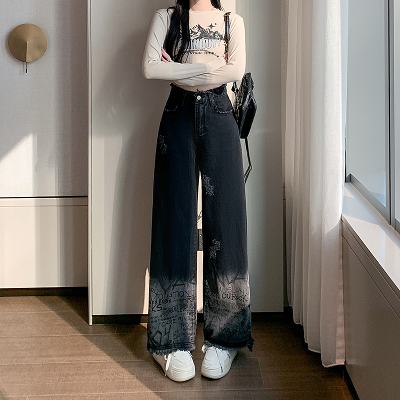 實拍~黑色漸變牛仔褲女2024春新款設計感毛邊高腰闊腿直筒褲