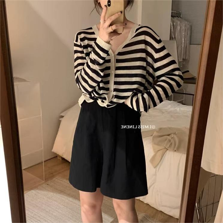 Knitted cardigan for women 2024 spring Korean version new long-sleeved sweater striped V-neck knitted casual top jacket for women