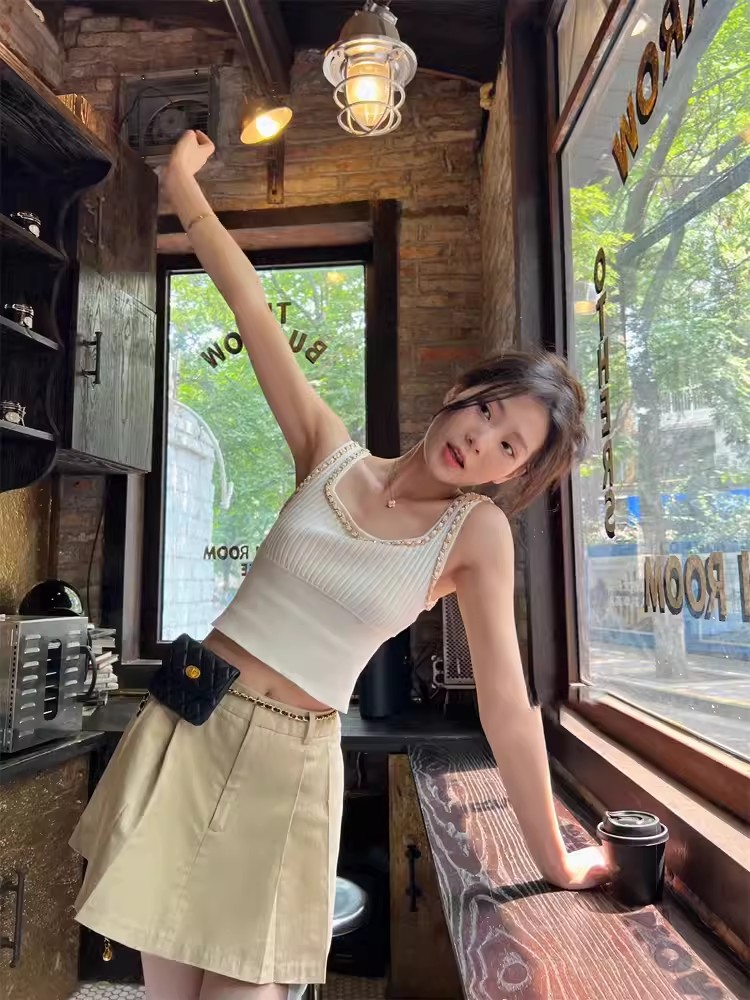 French style white knitted camisole women's autumn and winter small suit chic inner layering top for women