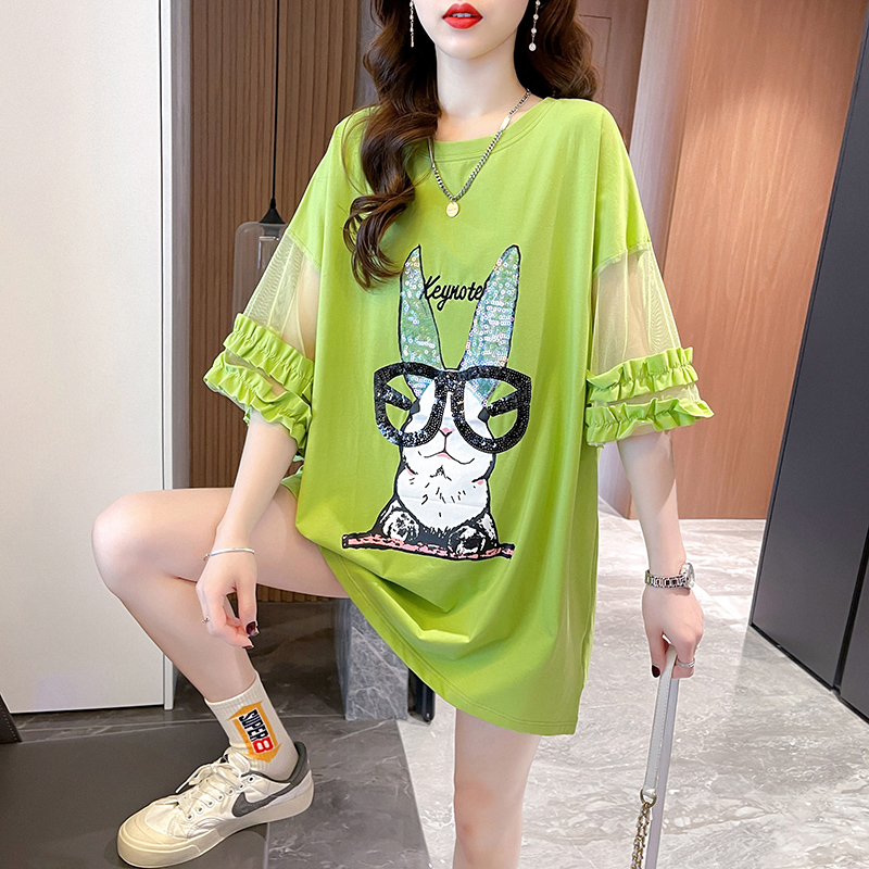 | Real shot | 65/35 frame | Back strap | Summer Korean style mid-length embroidered T-shirt for women