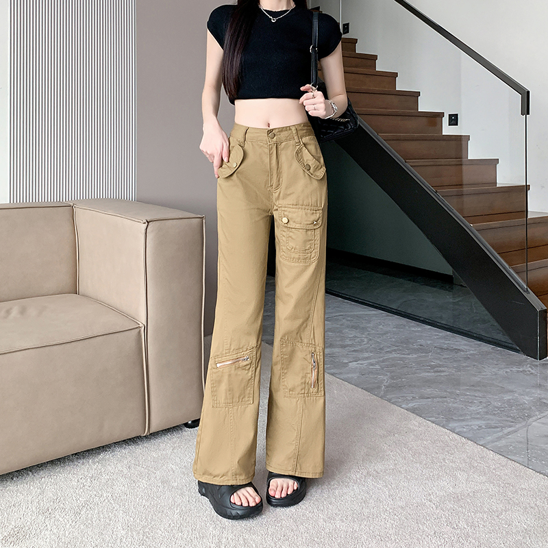 Real shot ~ Multi-pocket high street straight overalls, loose jeans, women's high waist slim casual pants, trendy