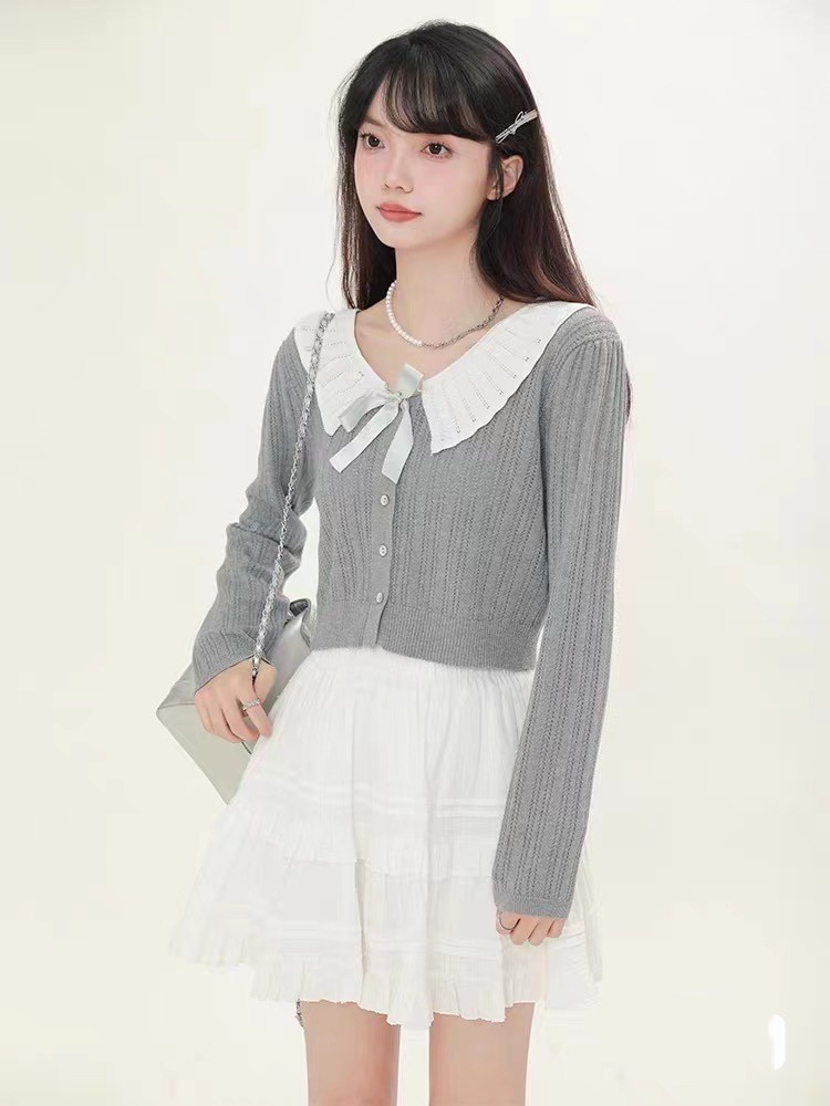 2024春季韓版新款蕾絲裙邊系帶修身百搭顯瘦毛針織衫套頭女裝上衣