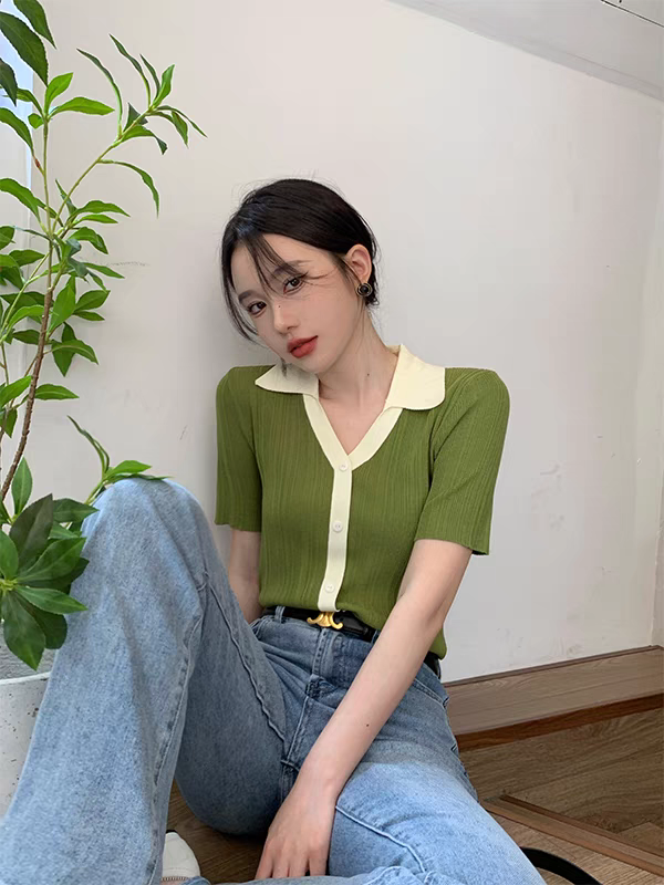 Green ice silk polo short-sleeved sweater for women French retro design niche v-neck right shoulder T-shirt top summer