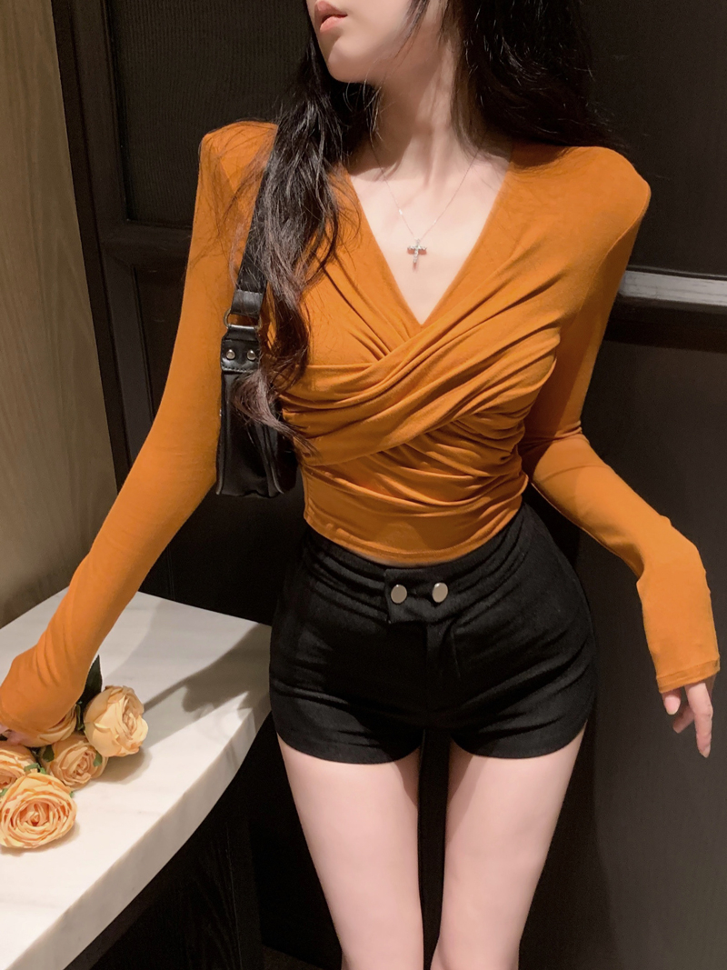 3-label, needlework and design V-neck crossover long-sleeved bottoming shirt