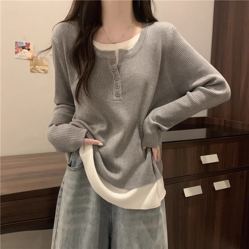 Original workmanship large size fake two-piece tops for women 2024 spring and autumn fat mm loose slimming long-sleeved bottoming shirt