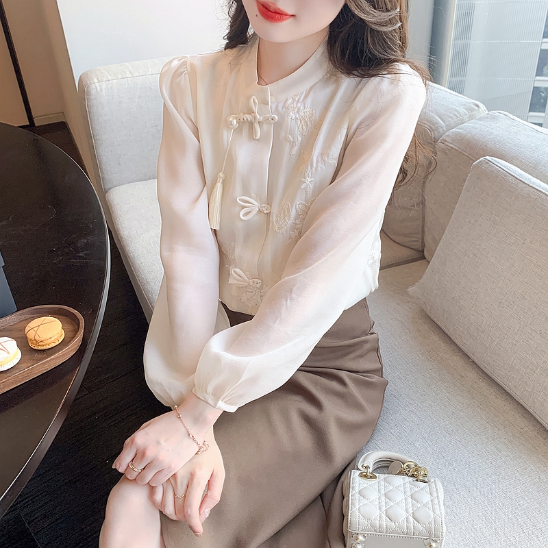 Literary buckle new national style embroidered tassel white shirt long-sleeved women's 2024 spring and autumn new casual shirt