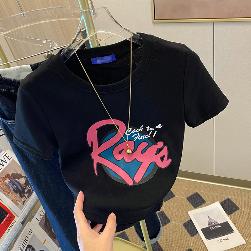 American retro letter print age-reducing T-shirt for women 2024 summer round neck short style slim and chic top ins trend