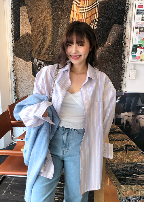 INS Korea Dongdaemun!  Spring fresh casual loose versatile striped shirt lazy top