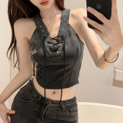 Real shot of hot girl strapped slim halter neck camisole sexy backless top for women