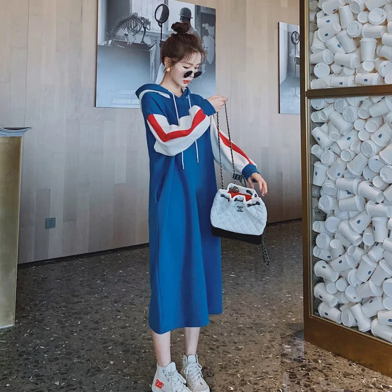 時尚大碼長袖衛衣中長裙春秋寬鬆顯瘦拼接撞色連帽連衣裙女裝上衣