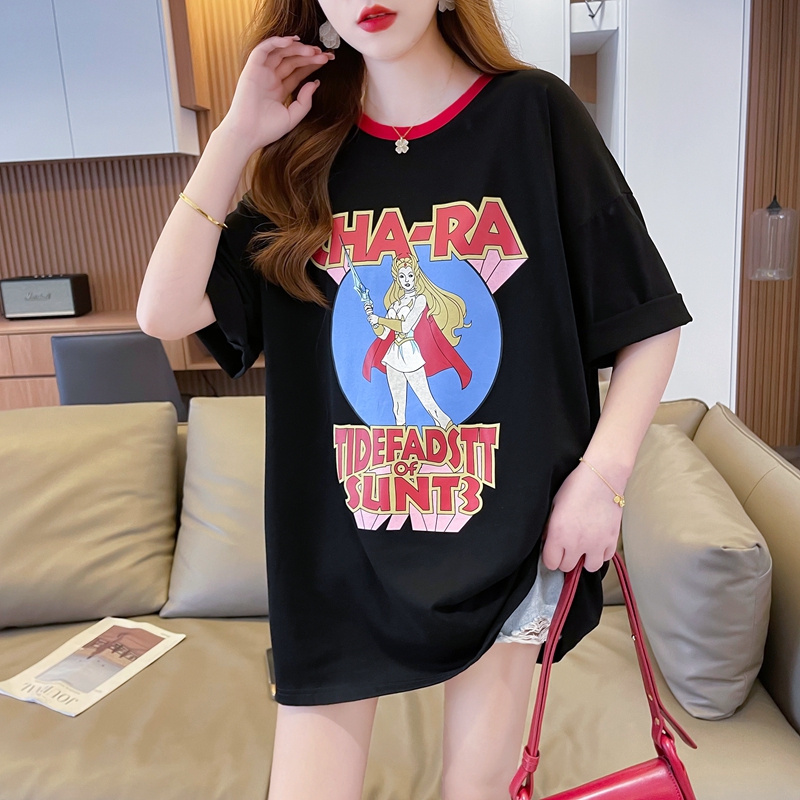| 實拍 | 100%純棉 | 後包領 | 中長款撞色拼接短袖T恤女