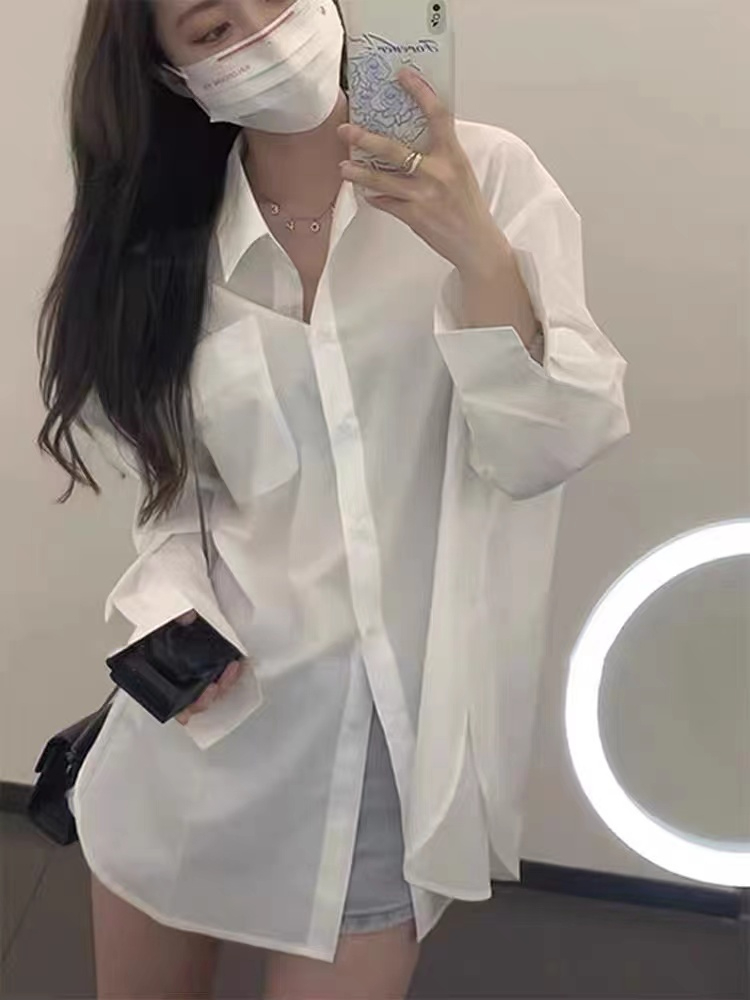 早春中長款法式白色襯衫2024新款襯衣外套女春秋長袖上衣