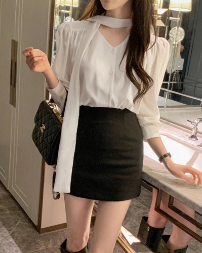 尺码已更新韩国chic春季设计感系带长袖衬衫女气质百搭衬衣