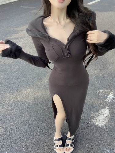 Actual shot ~ Temperament long-sleeved hooded dress for women in autumn and winter slimming slit waist sexy tight skirt