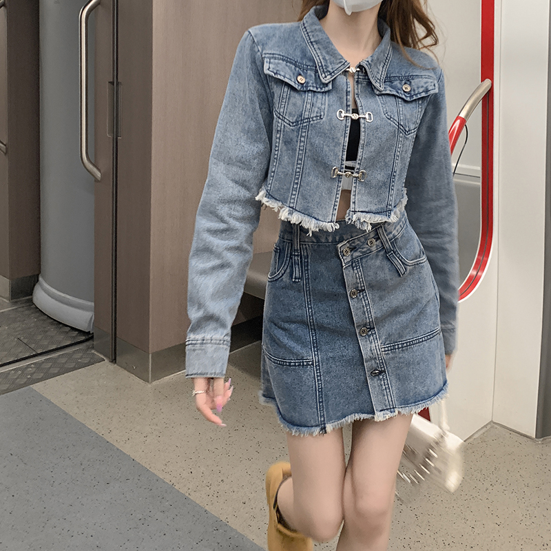 實拍~復古辣妹牛仔外套氣質時尚短上衣設計感小眾開衫牛仔衣