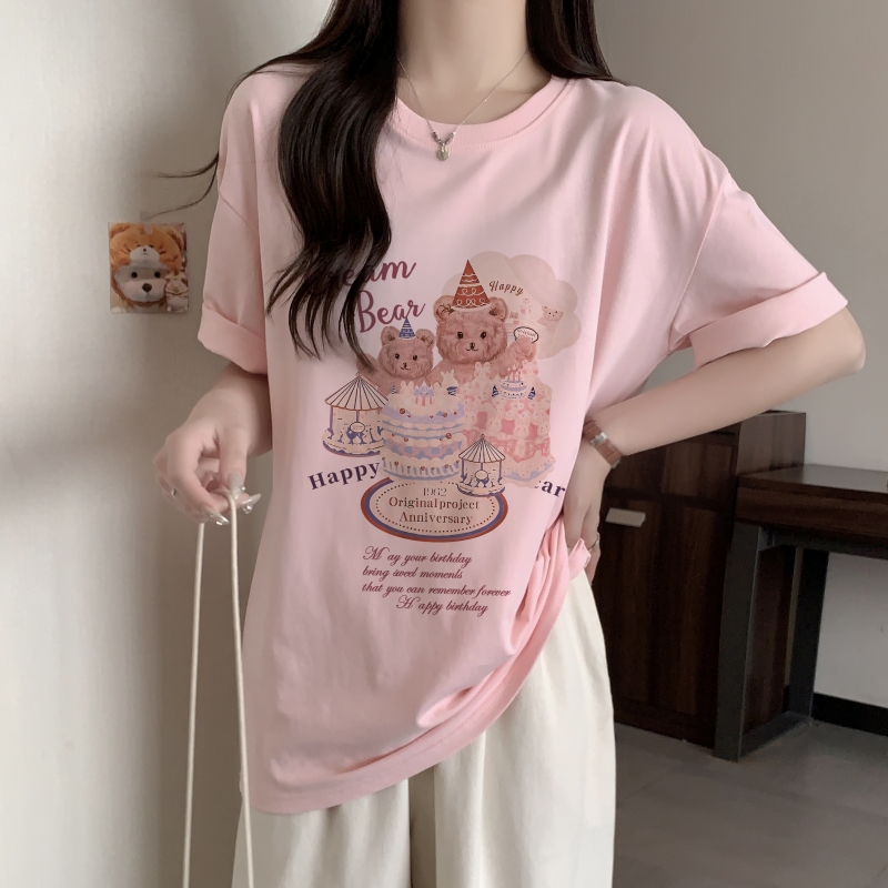 實拍 100%棉精梳純棉 印花夏裝短袖T恤女寬鬆韓版