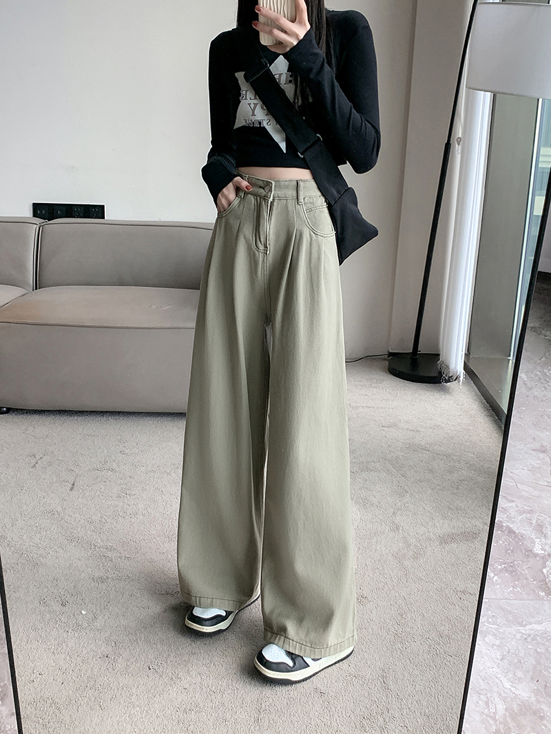 實拍~2024美式復古綠色牛仔褲女秋季直筒高腰寬鬆設計感闊腿褲子