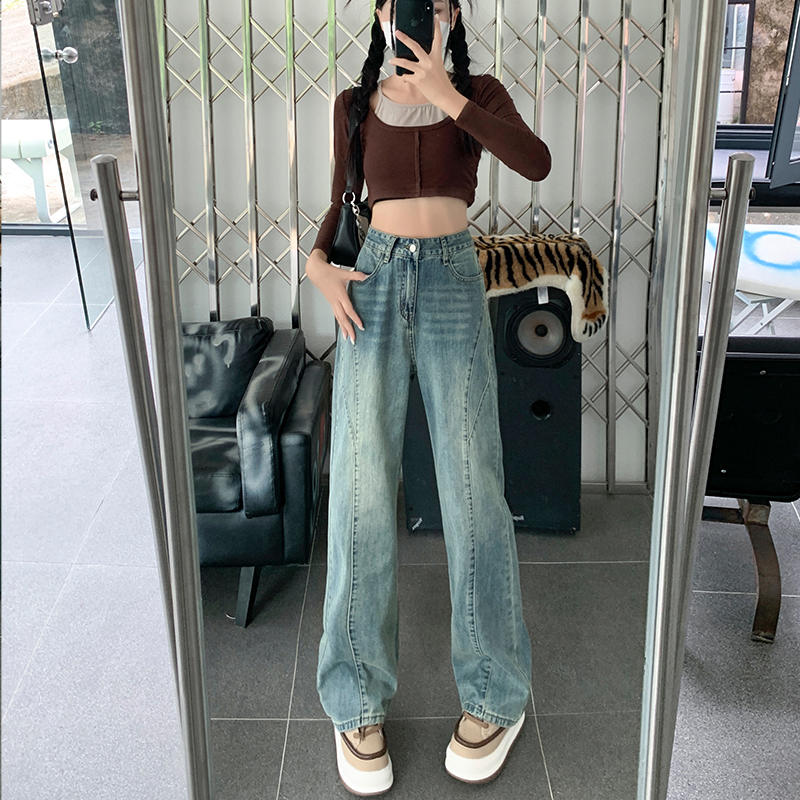 實拍2024早春復古美式拼接闊腿牛仔褲女寬鬆顯瘦高腰拖地長褲