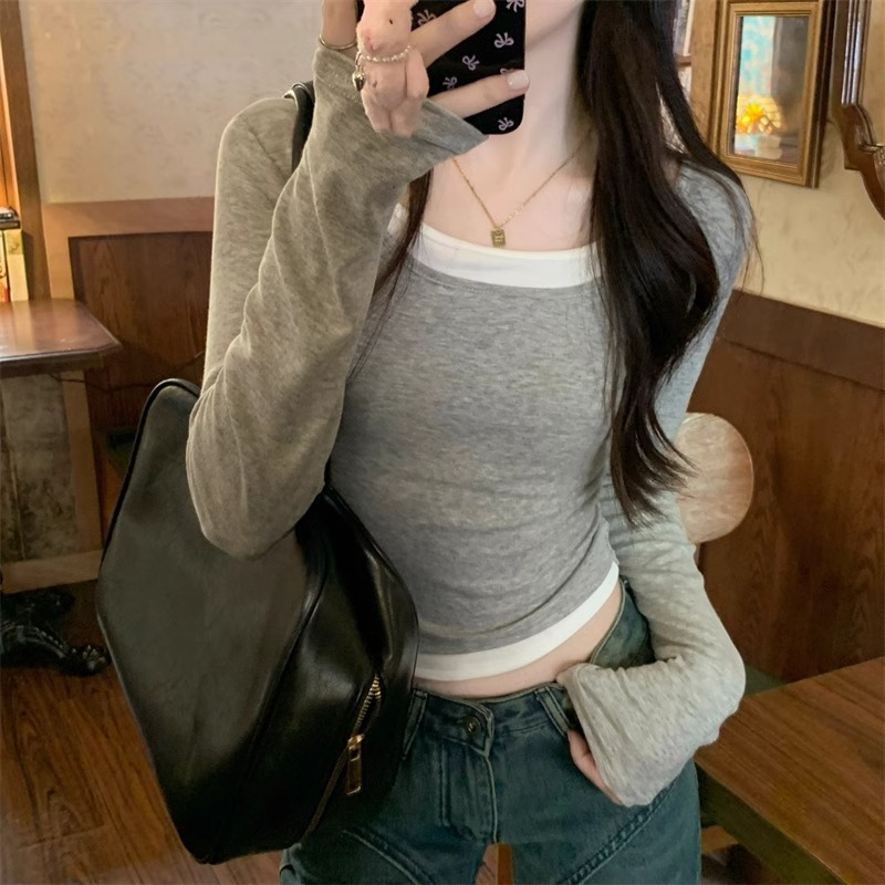 Threaded velvet fake two-piece T-shirt winter new short long-sleeved bottoming top