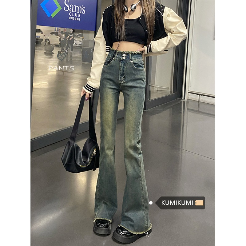 美式復古做舊顯瘦高腰微喇叭褲女毛邊牛仔褲2024春秋季褲子拖地褲