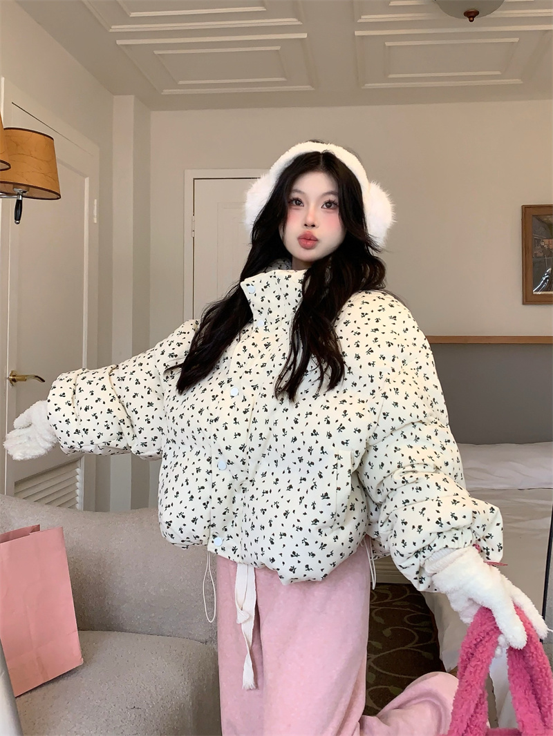 Actual shot Korean style short floral cotton coat for women winter new thickened warm bread coat for women