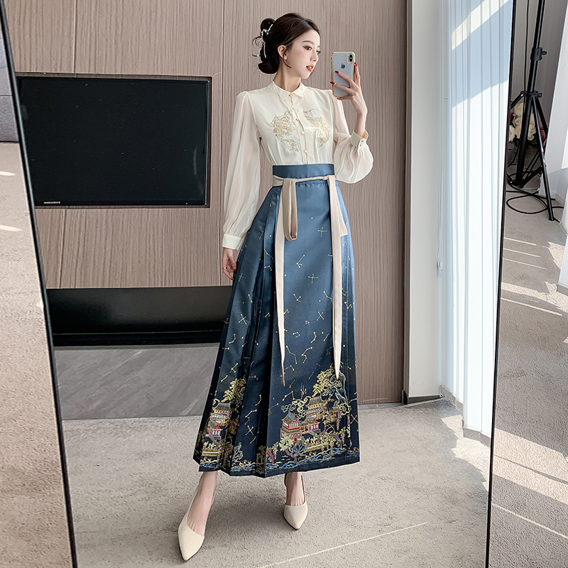 實拍  暮海沉星馬面裙新款明制漢服女藍色日常小個子半身裙春