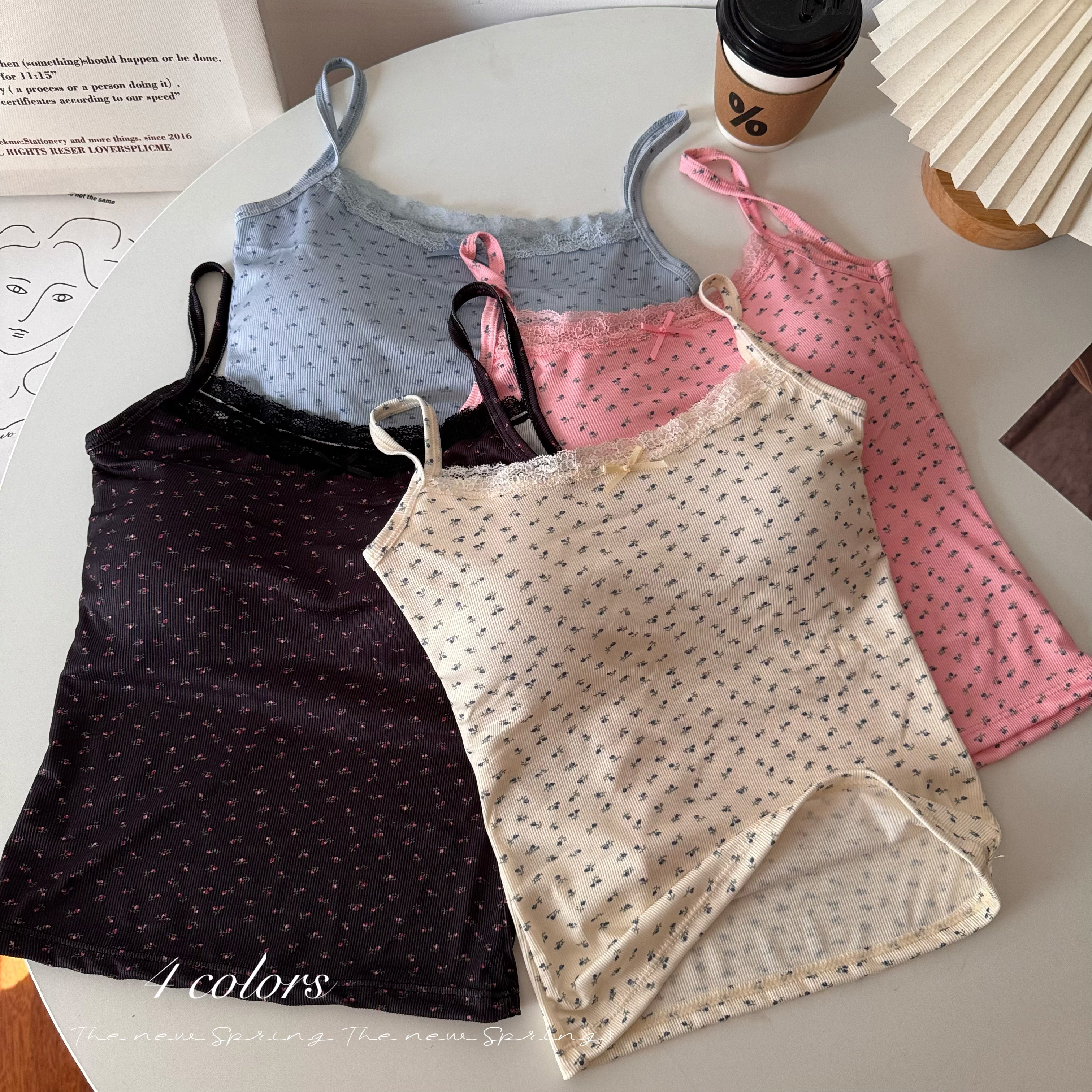 Actual shot of 2024 spring style sweet bow lace camisole for women Korean style inner hot girl top