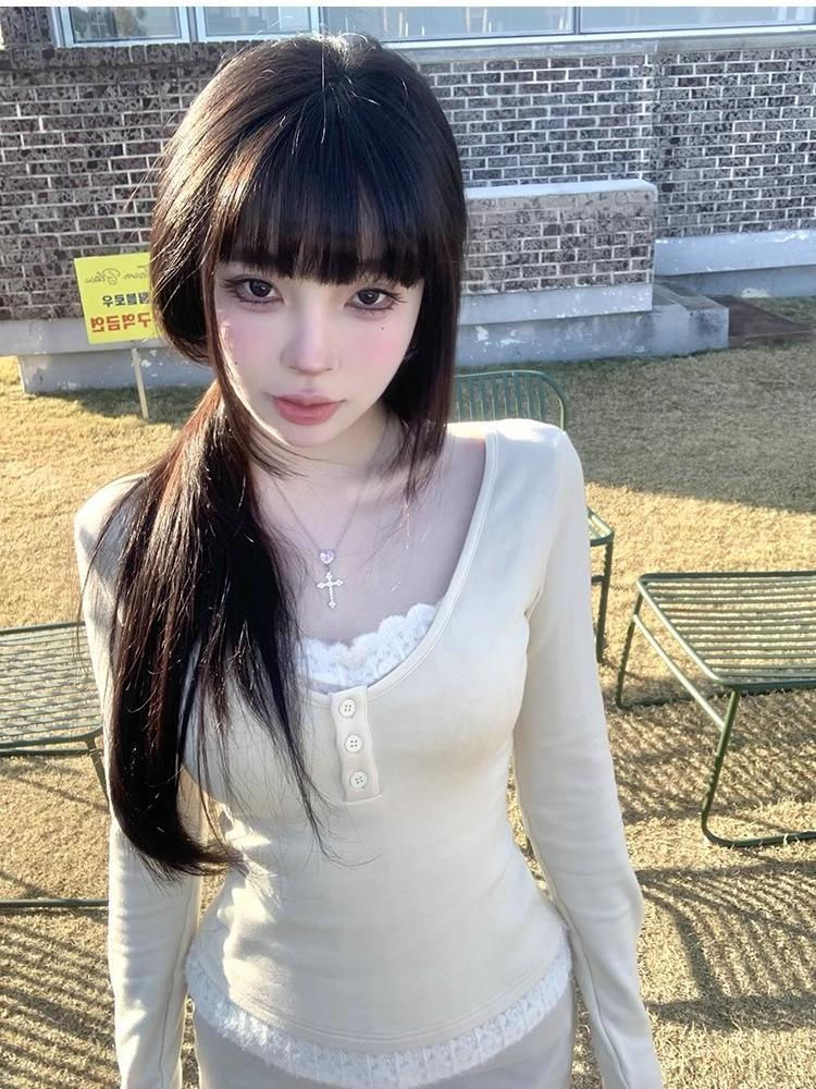 Pure Desire Hot Girl Figure Showing Top Women's Autumn and Winter Holiday Two-Piece Long-Sleeved T-Shirt Plus Velvet Thickened Lace Bottoming Top